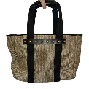 Barneys New York ITALY GORGEOUS woven striped leather trim tote bag